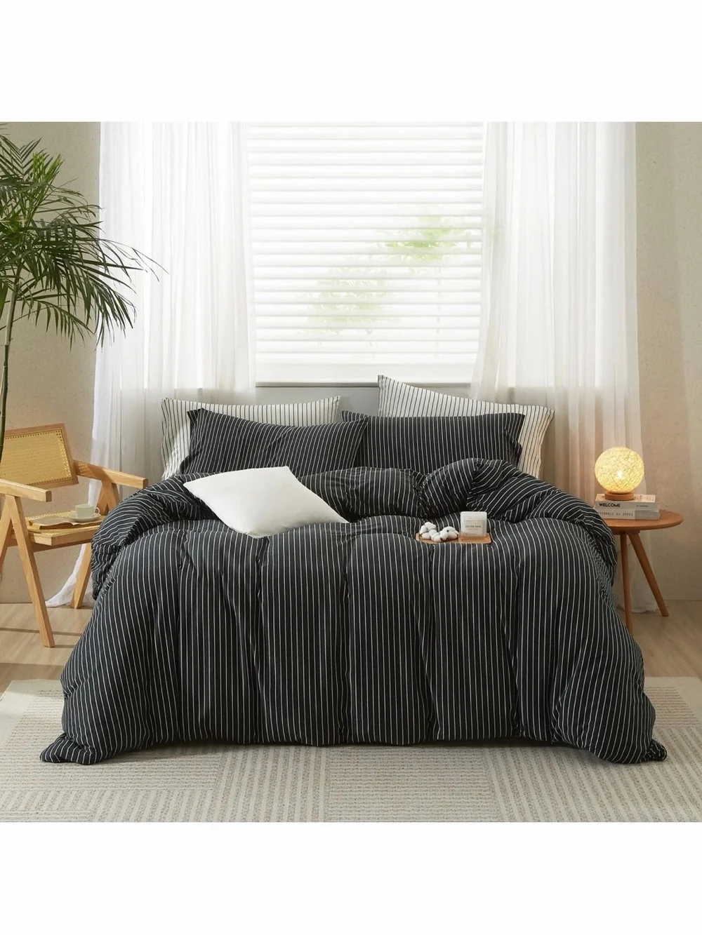 Heathered Charcoal White Stripes King Jersey Knit Cotton Duvet Cover Set